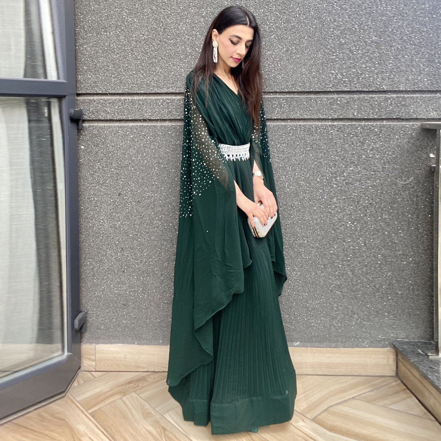 Bottle Green Mirror Work Cape Sleeve Gown