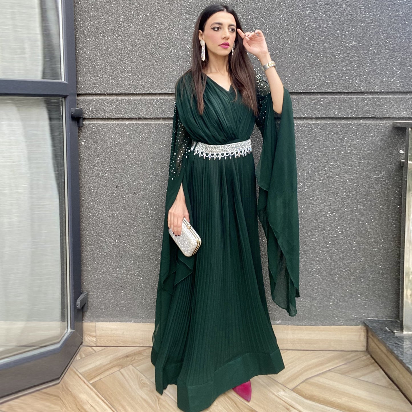 Bottle Green Mirror Work Cape Sleeve Gown