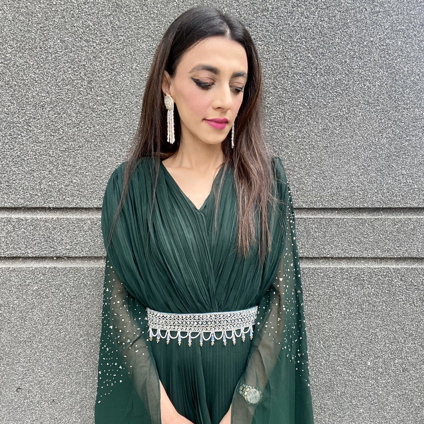 Bottle Green Mirror Work Cape Sleeve Gown