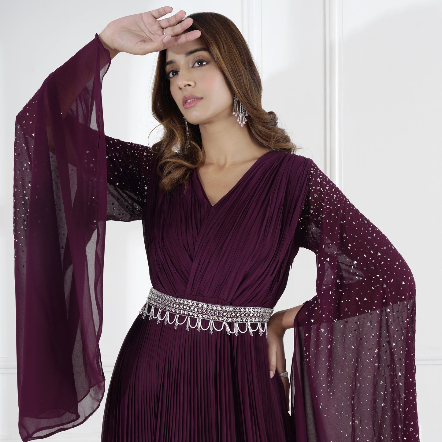 Wine Mirror Work Cape Sleeve Gown