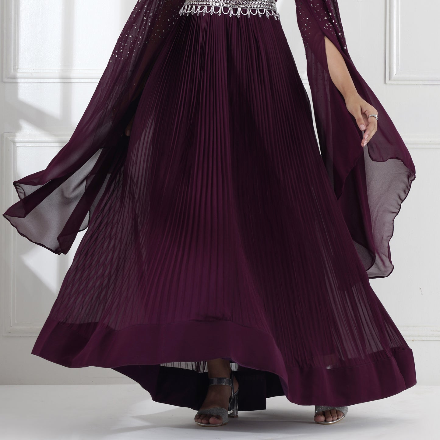 Wine Mirror Work Cape Sleeve Gown