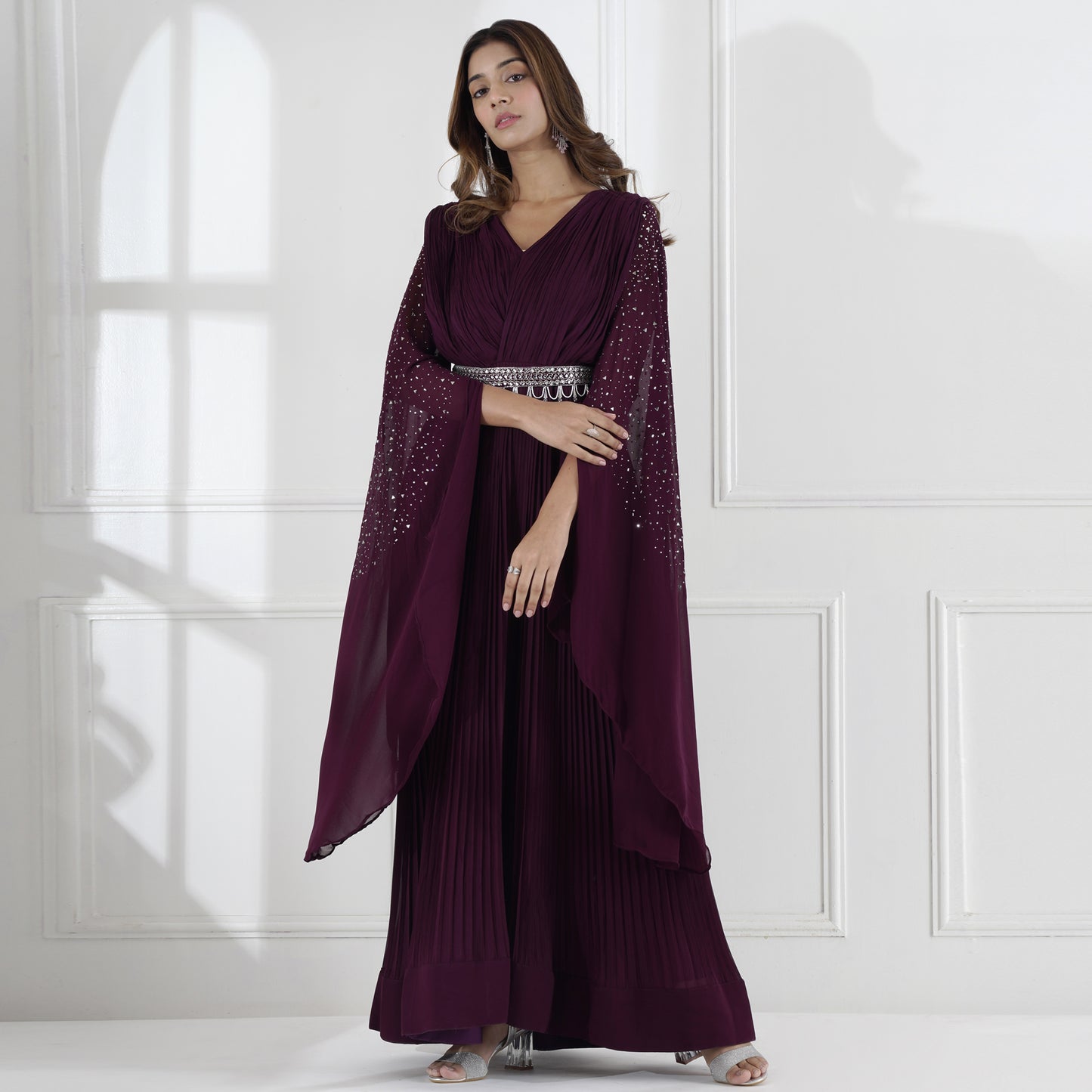 Wine Mirror Work Cape Sleeve Gown