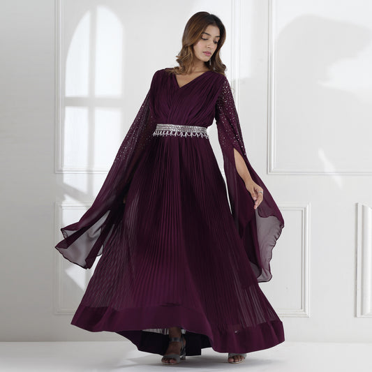 Wine Mirror Work Cape Sleeve Gown