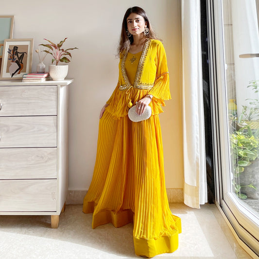 Yellow Pleated Gown With Peplum Jacket