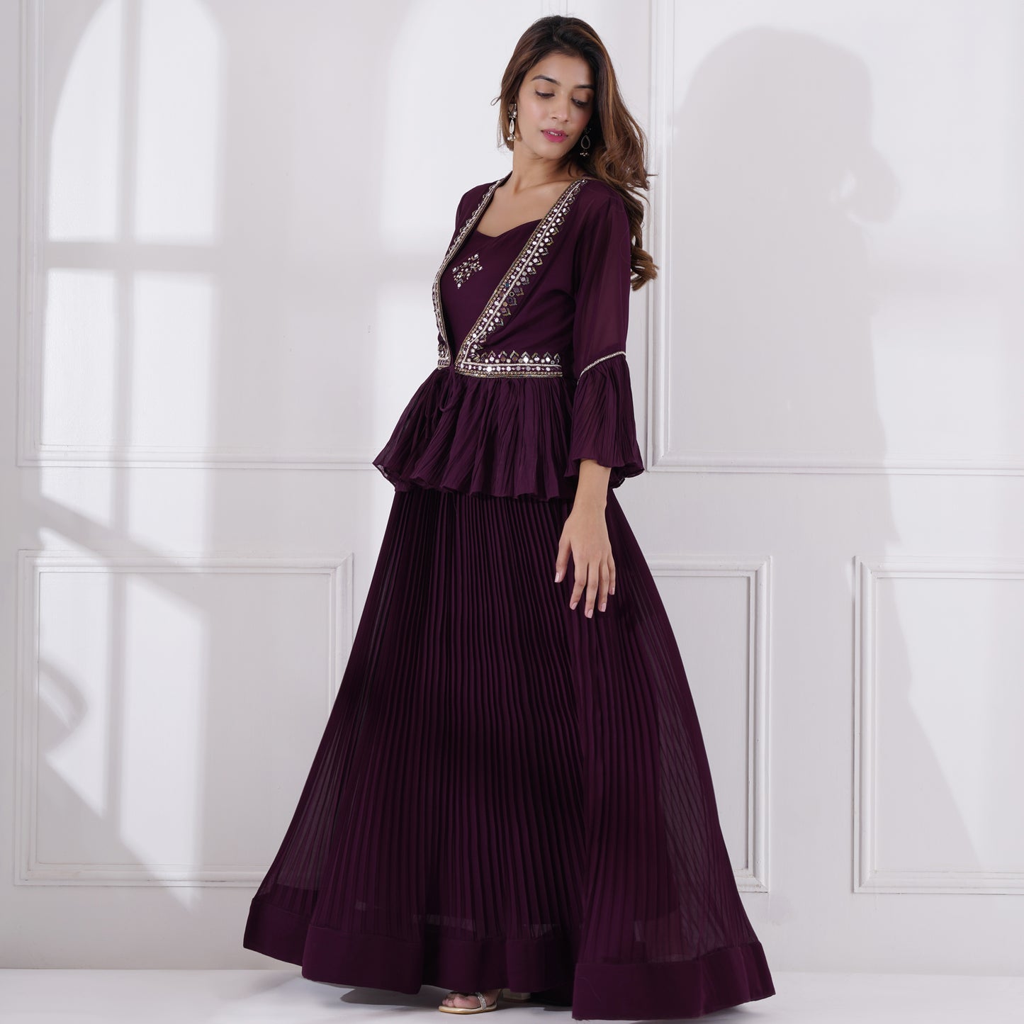 Wine Pleated Gown With Peplum Jacket