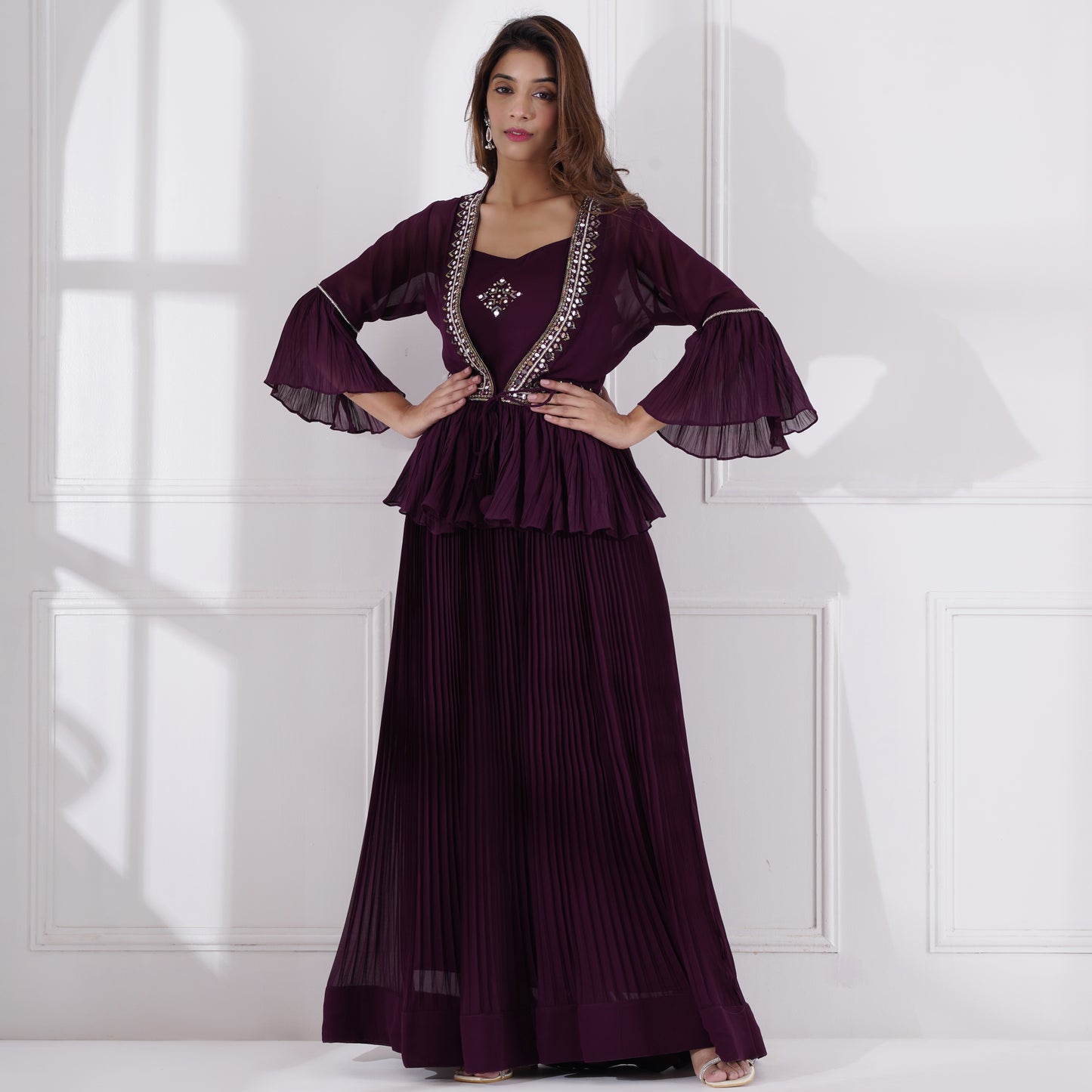 Wine Pleated Gown With Peplum Jacket