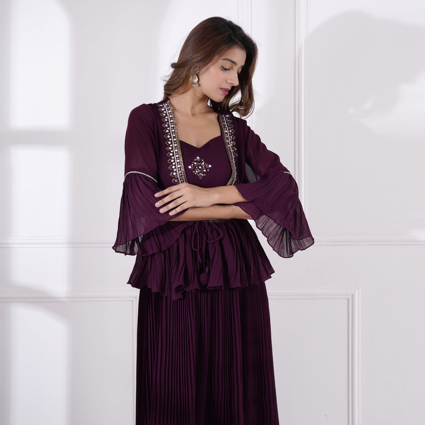 Wine Pleated Gown With Peplum Jacket