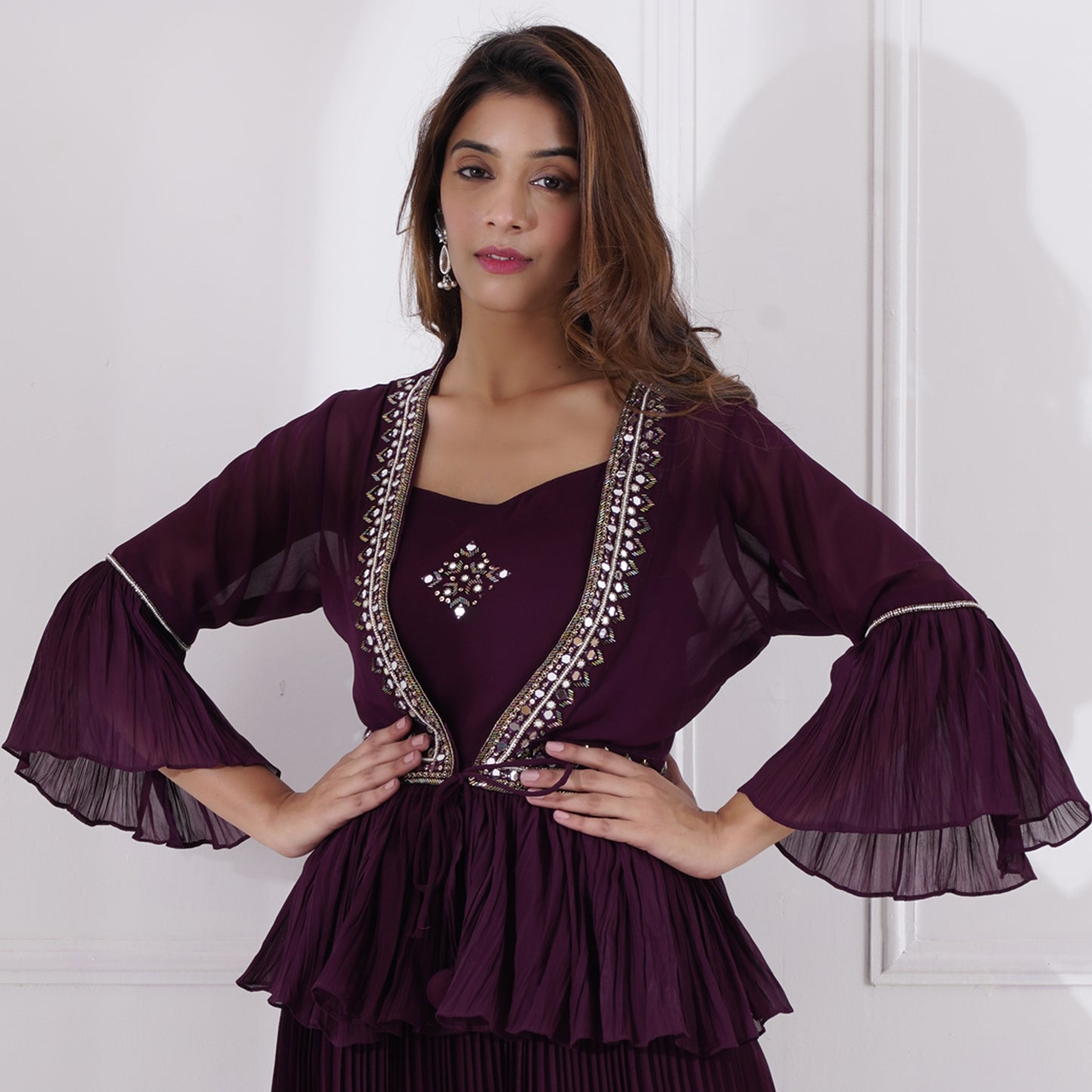 Wine Pleated Gown With Peplum Jacket