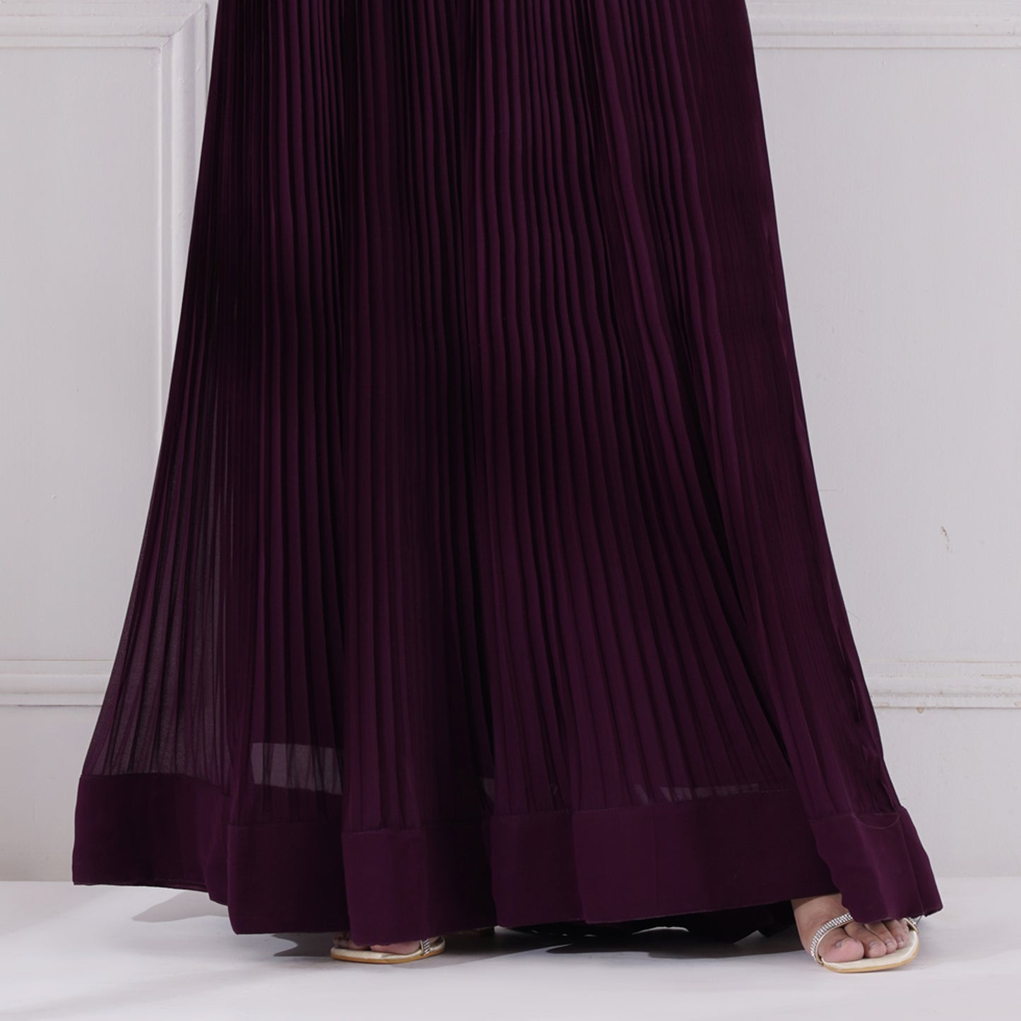 Wine Pleated Gown With Peplum Jacket