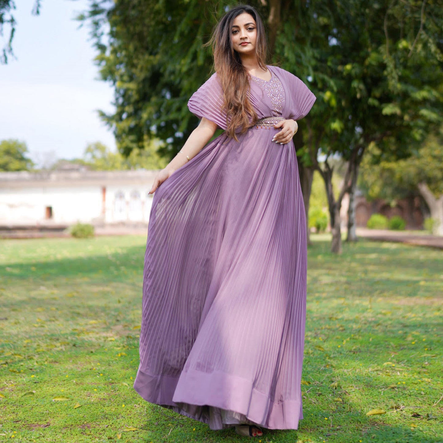 Lavender Pleated Gown With Embellished Belt