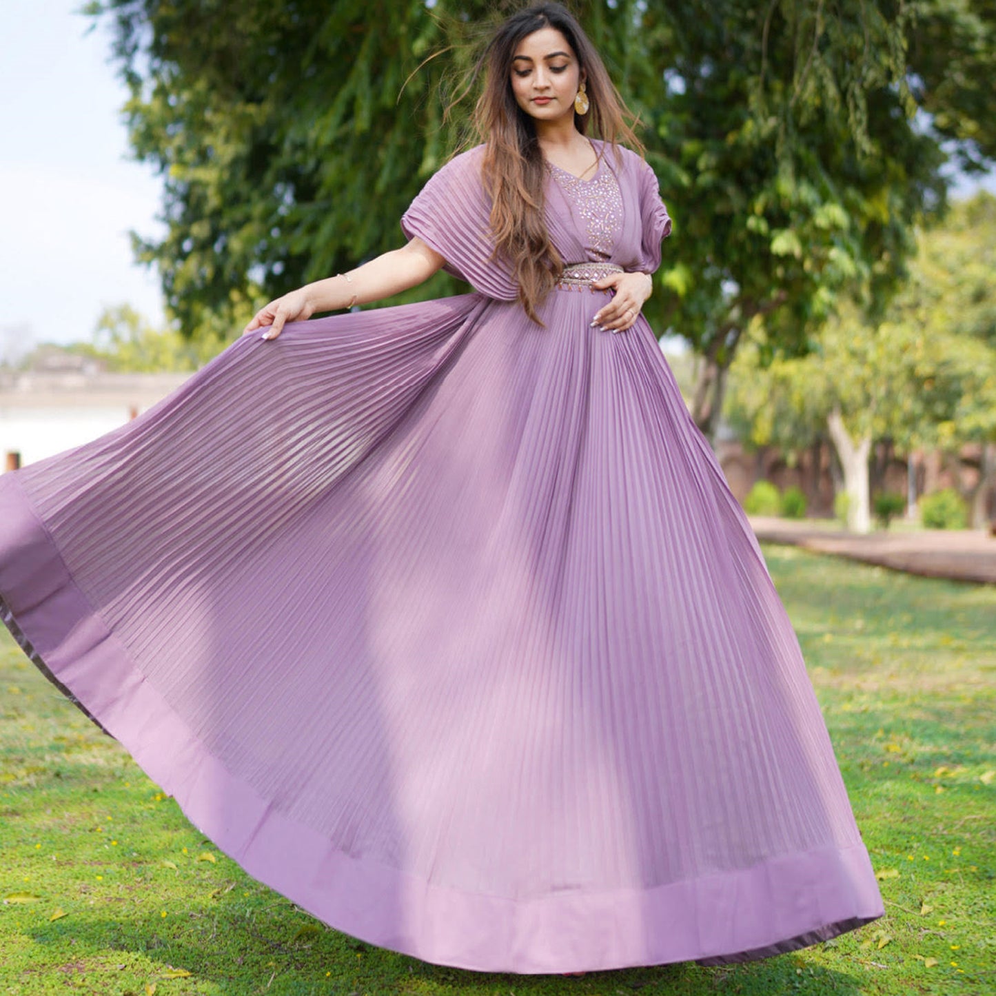 Lavender Pleated Gown With Embellished Belt