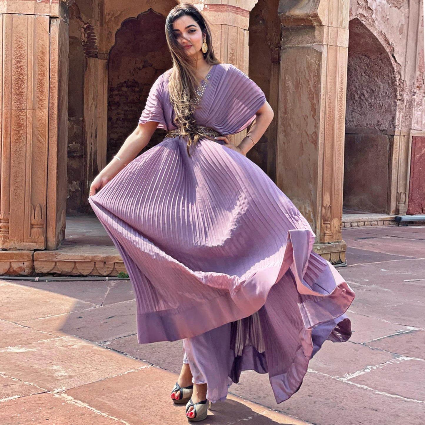 Lavender Pleated Gown With Embellished Belt