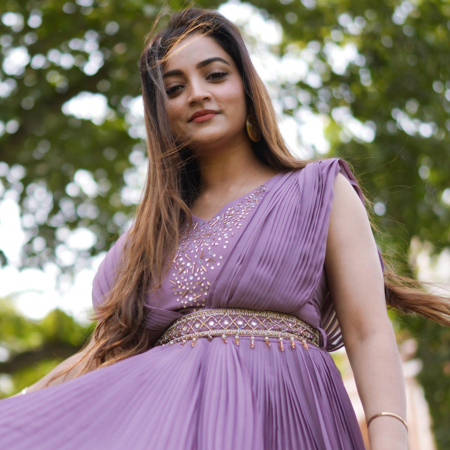 Lavender Pleated Gown With Embellished Belt