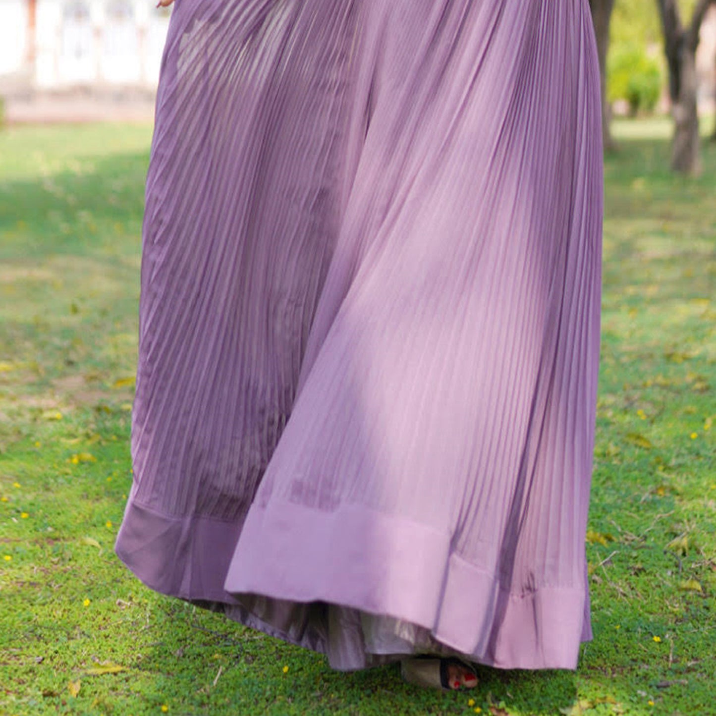 Lavender Pleated Gown With Embellished Belt