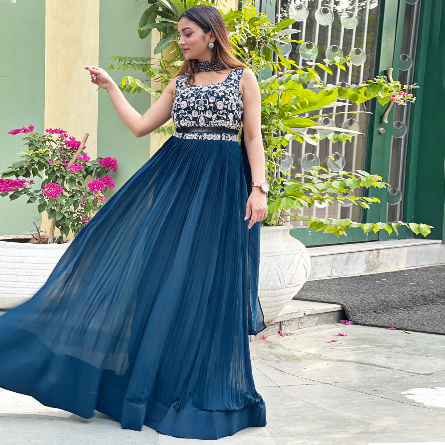 Navy Blue Embroidered Pleated Gown