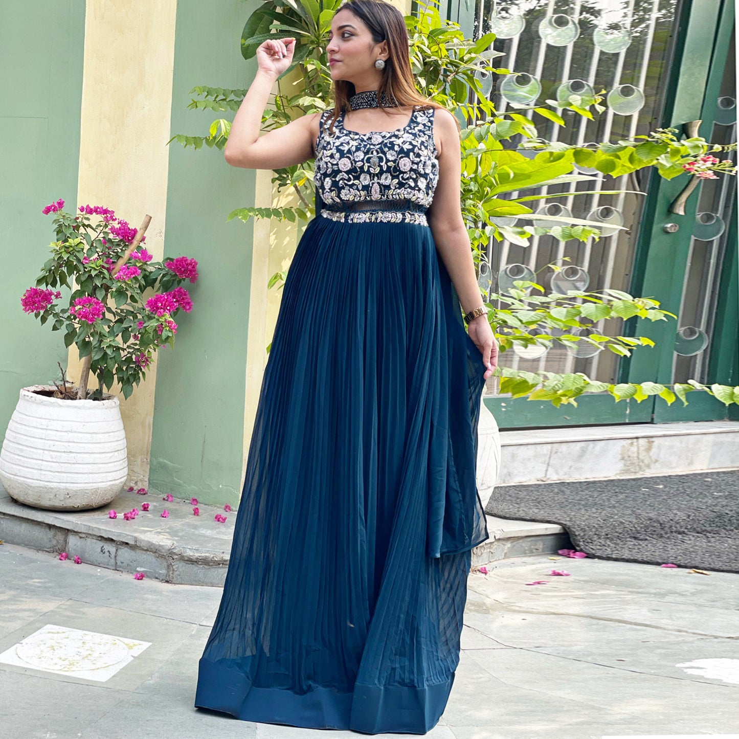 Navy Blue Embroidered Pleated Gown