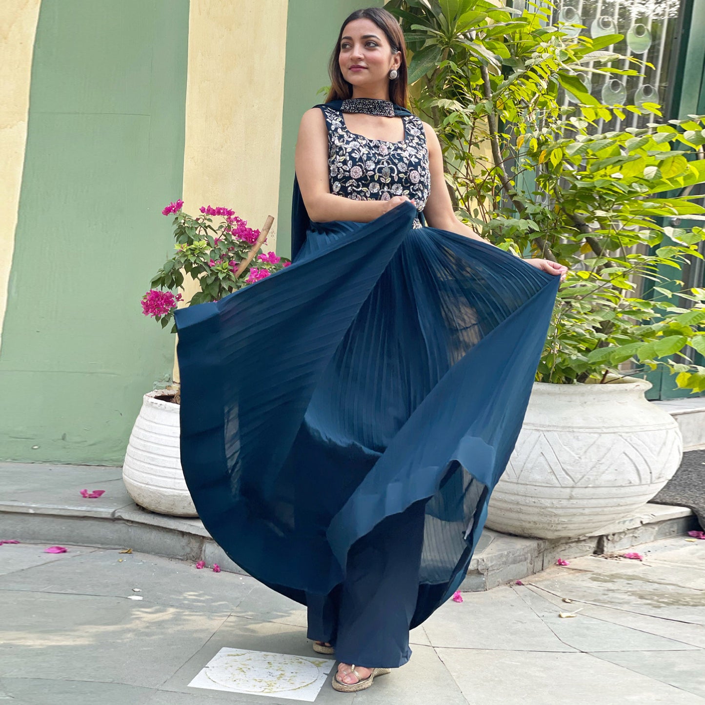 Navy Blue Embroidered Pleated Gown