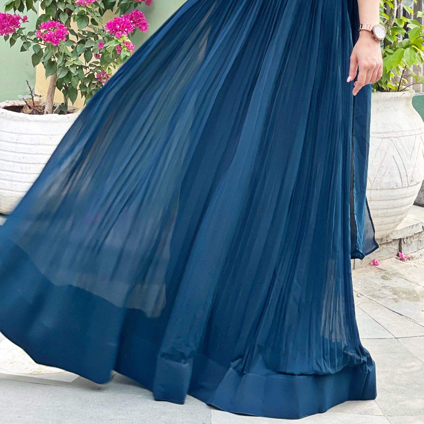 Navy Blue Embroidered Pleated Gown