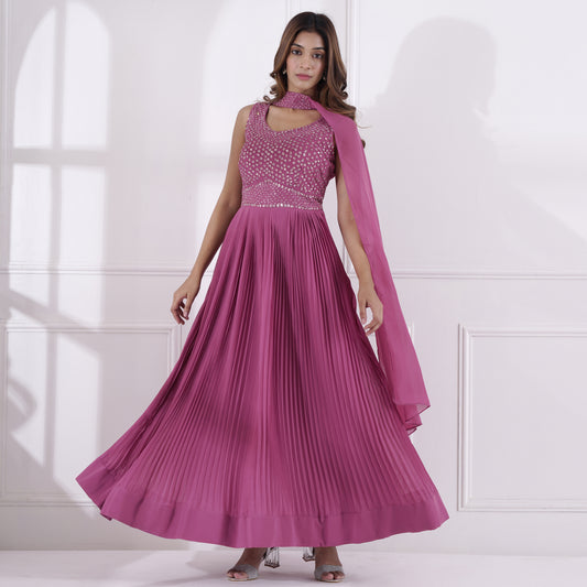 Onion Pink Pleated Embroidered Gown