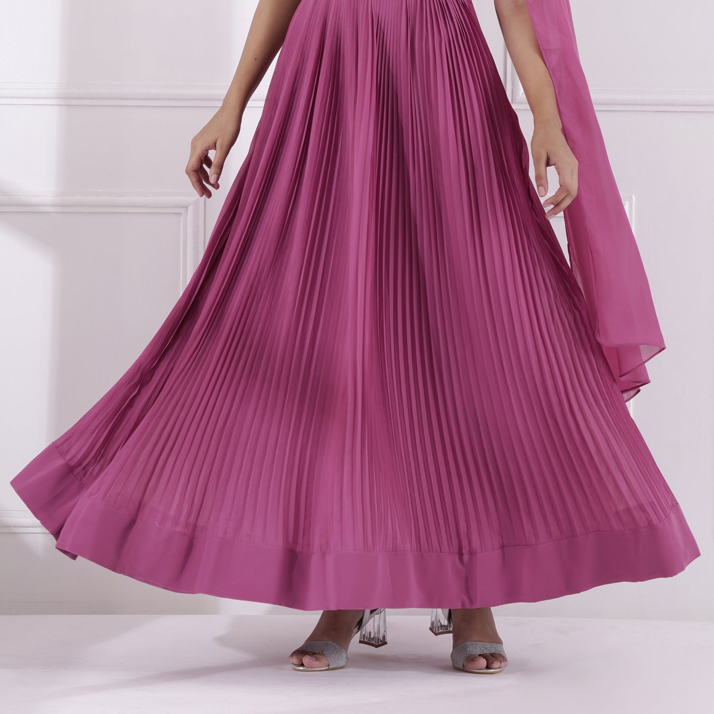 Onion Pink Pleated Embroidered Gown