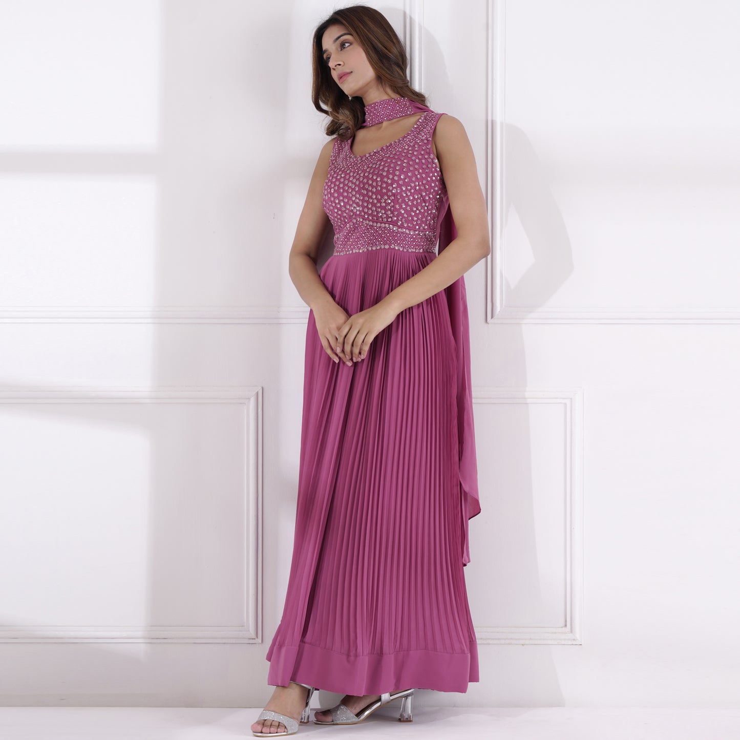 Onion Pink Pleated Embroidered Gown