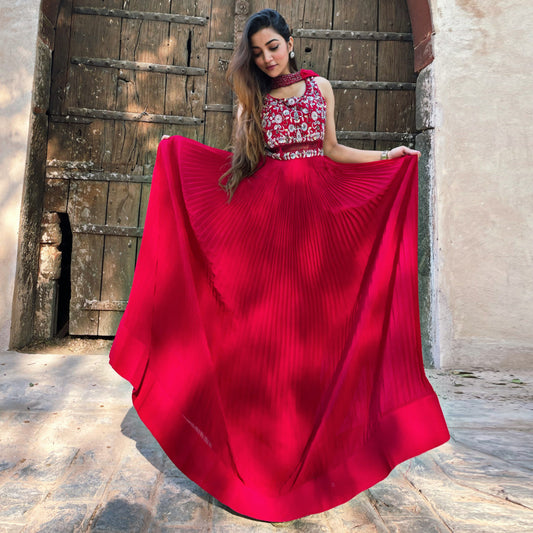 Fuchsia Pink Embroidered Pleated Gown