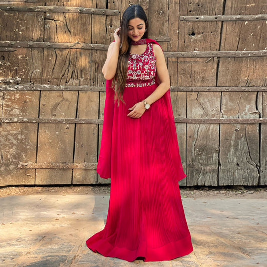 Fuchsia Pink Embroidered Pleated Gown