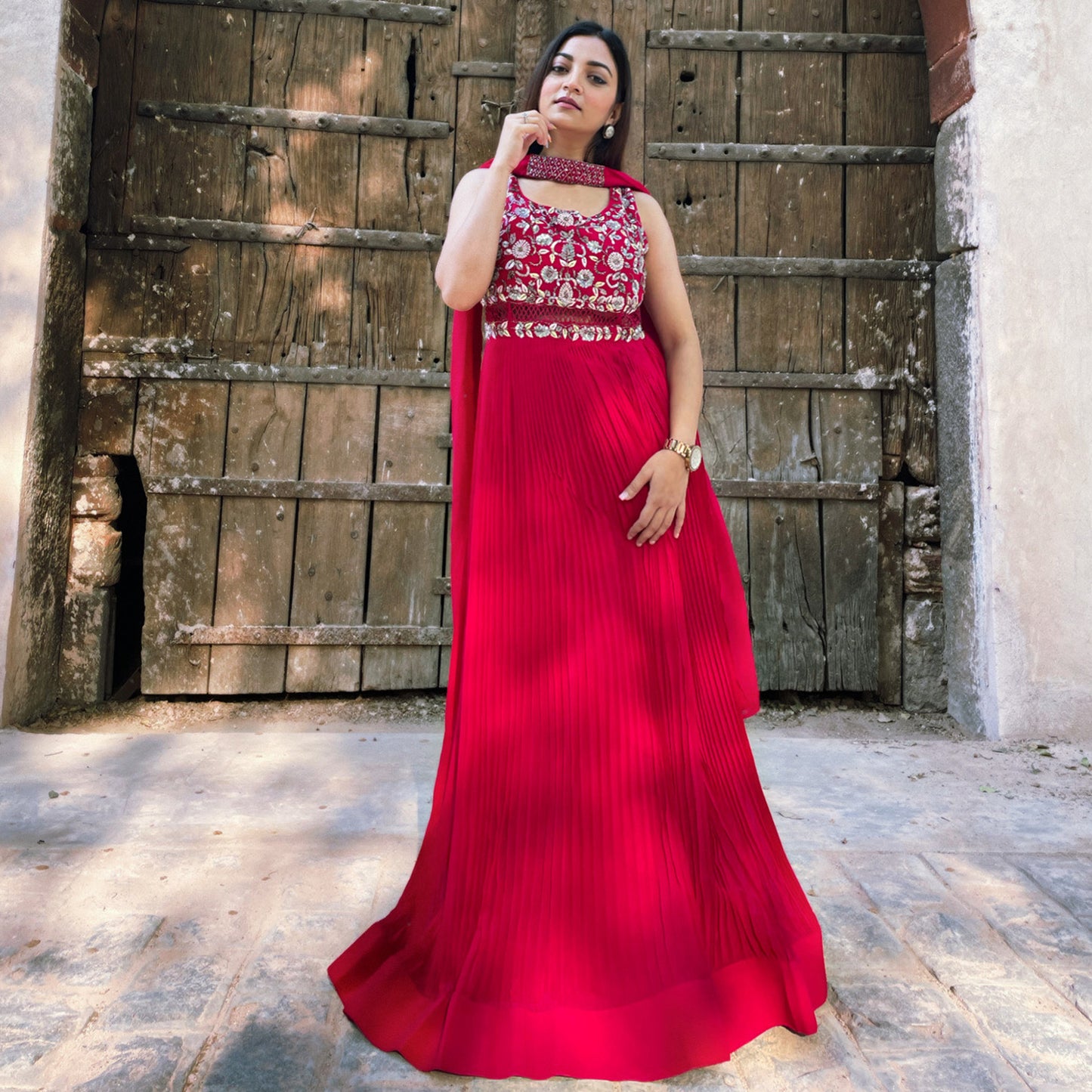 Fuchsia Pink Embroidered Pleated Gown