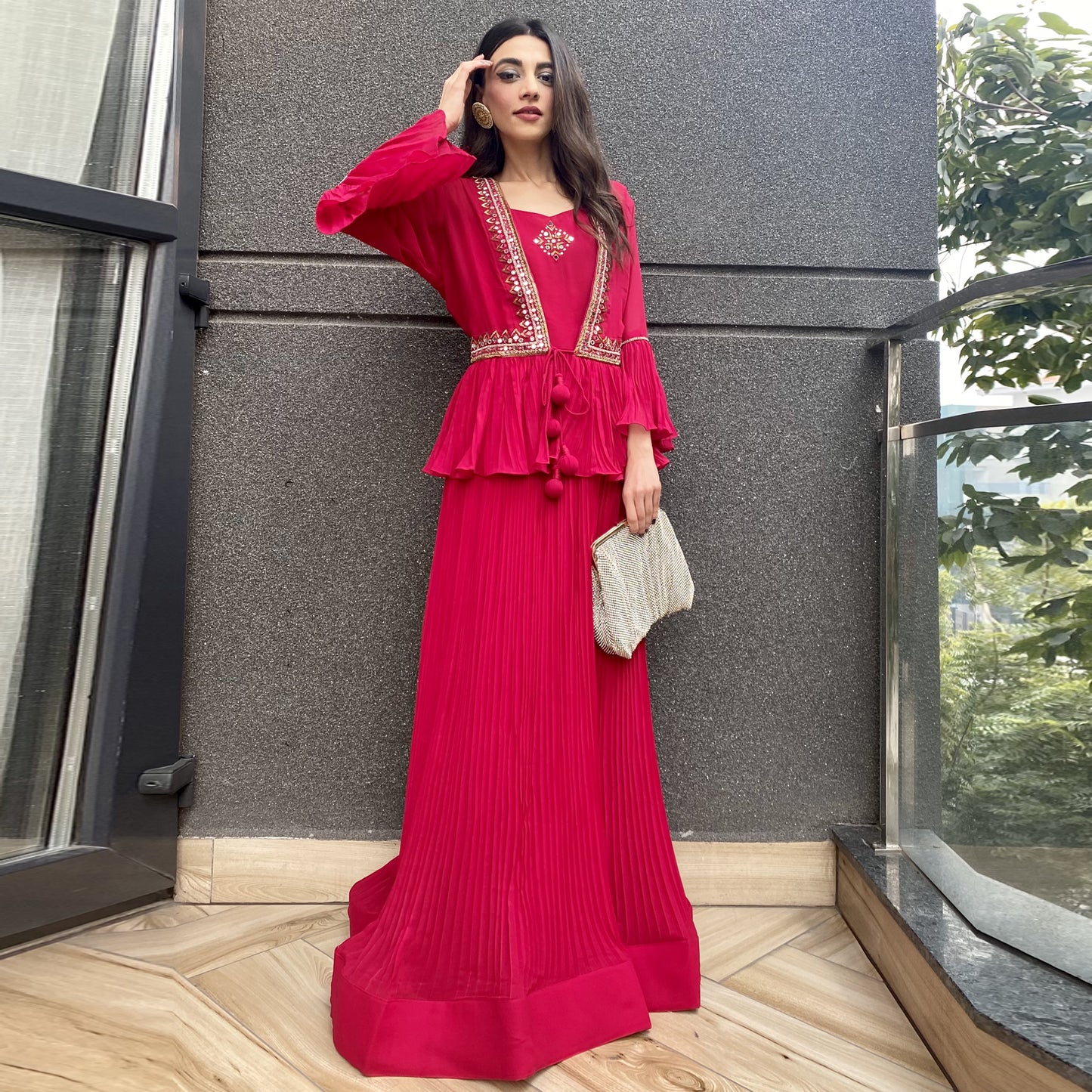 Fuchsia Pink Pleated Gown With Peplum Jacket