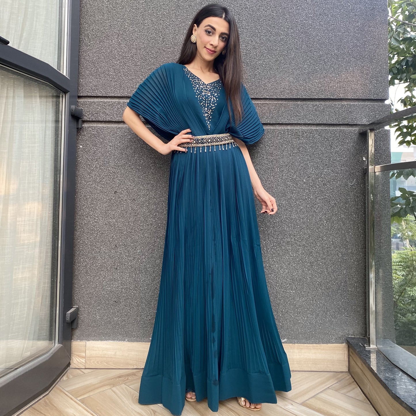 Teal Pleated Gown With Embellished Belt