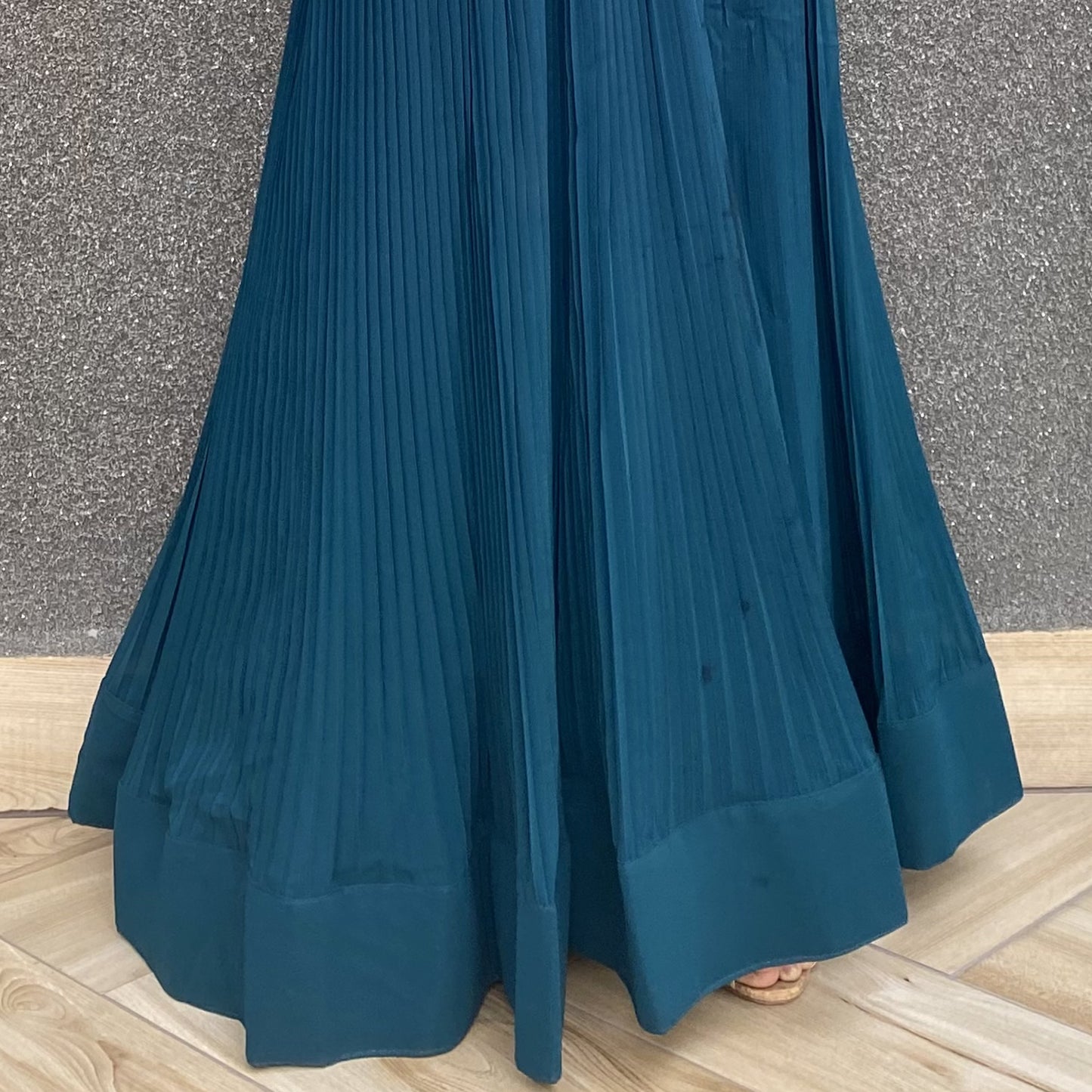 Teal Pleated Gown With Embellished Belt