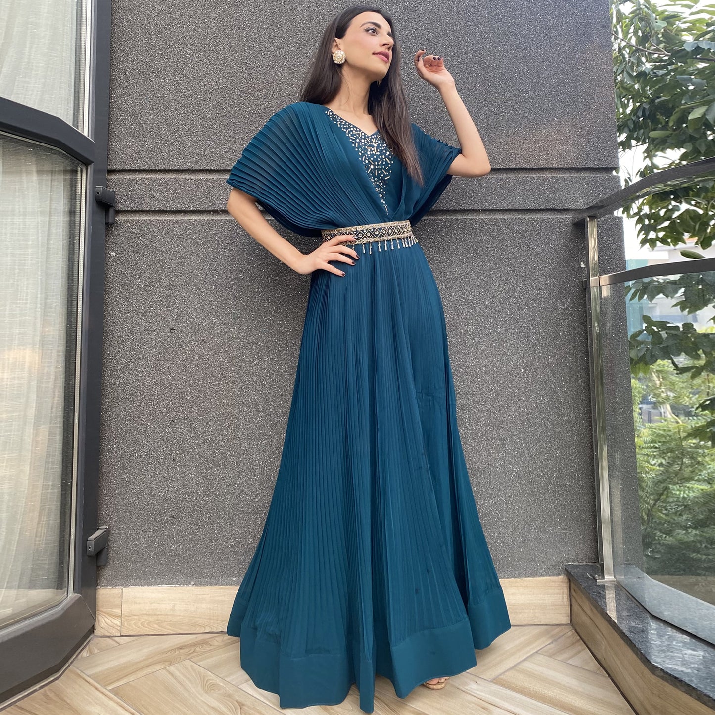 Teal Pleated Gown With Embellished Belt