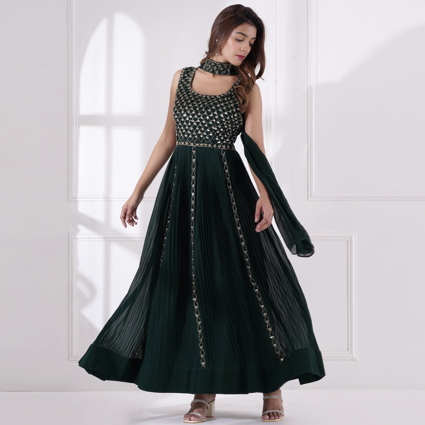 Bottle Green Embroidered Gown