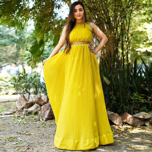 Yellow Halter Neck Embroidered Gown